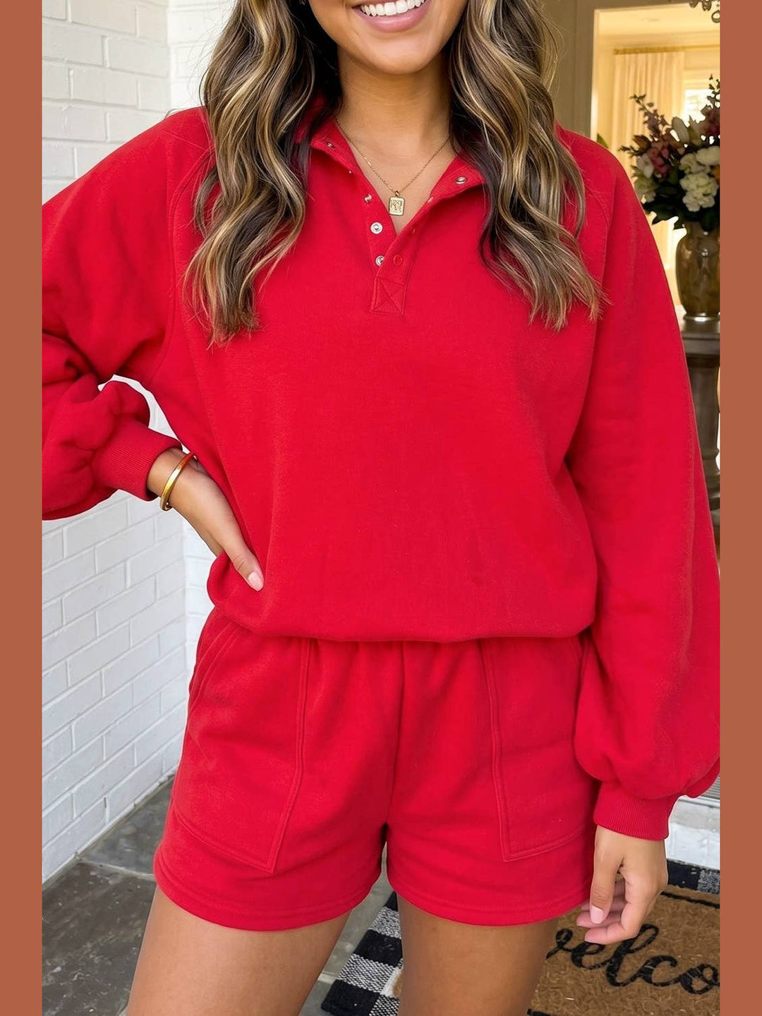 Solid Button Collar Casual Shorts Set