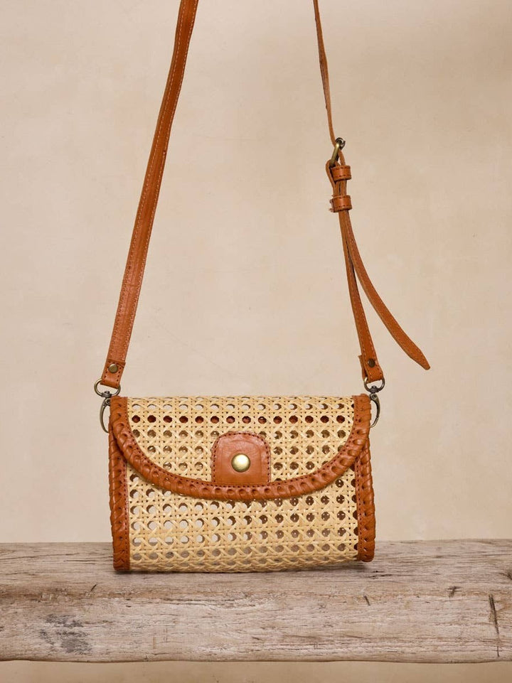 Brown Rattan Clutch with Leather Trim and Crossbody Strap