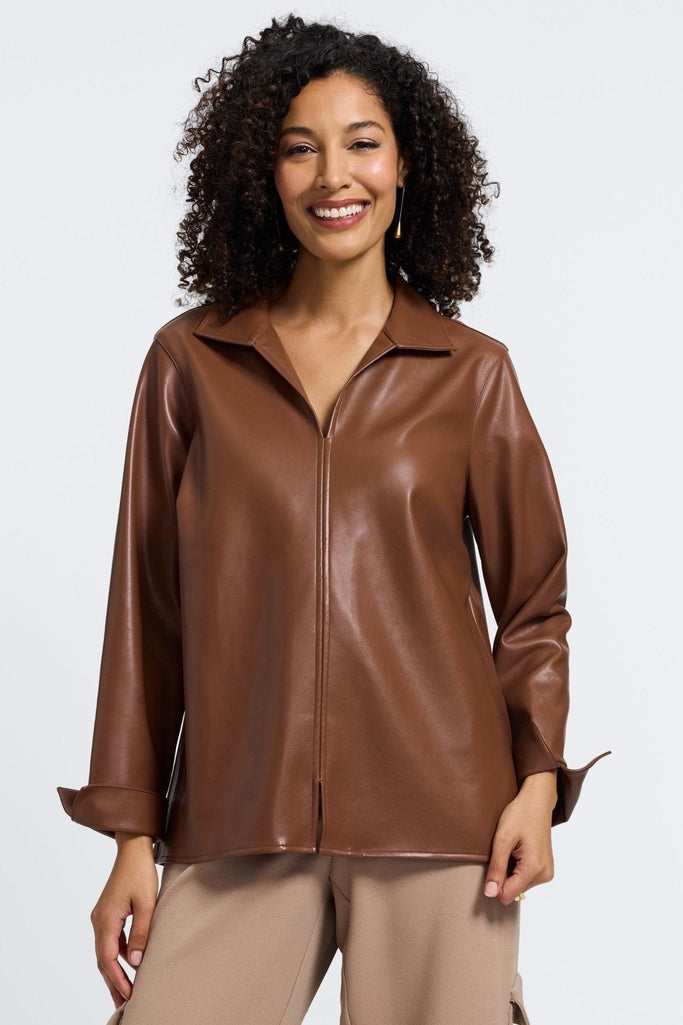Agnes Vegan Leather Long Sleeve Popover Shirt - Macchiato