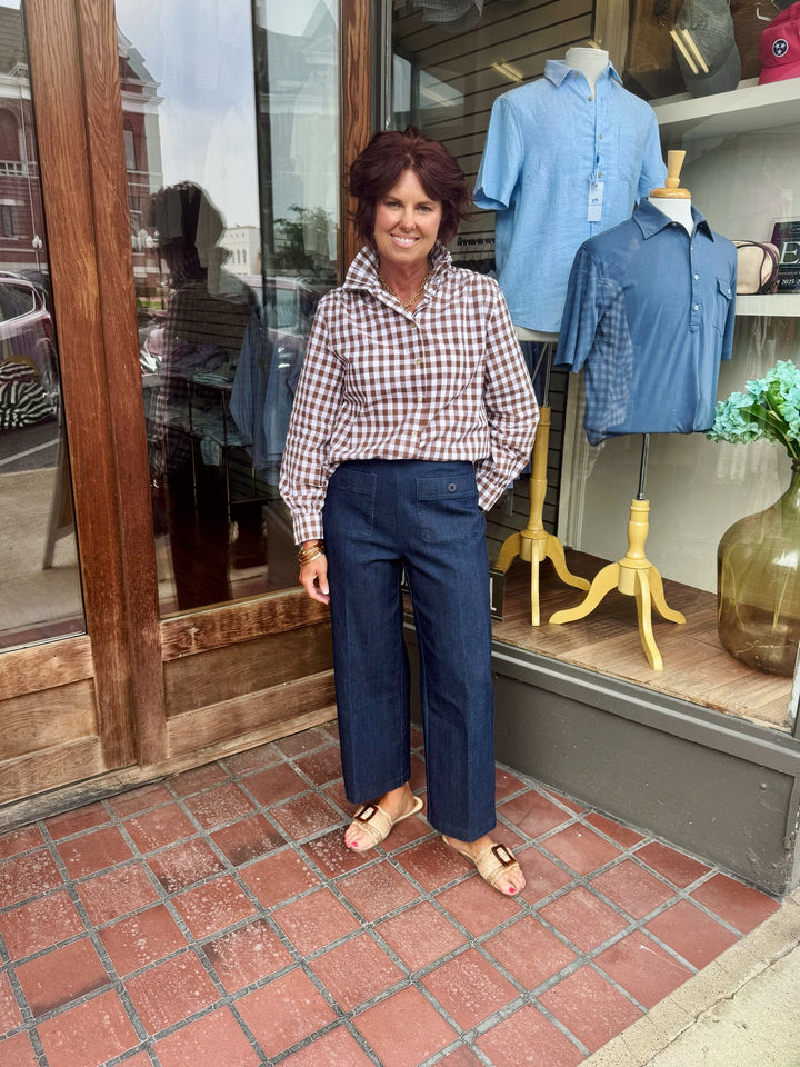 Brown Gingham Check Ruffled Collared Shirt