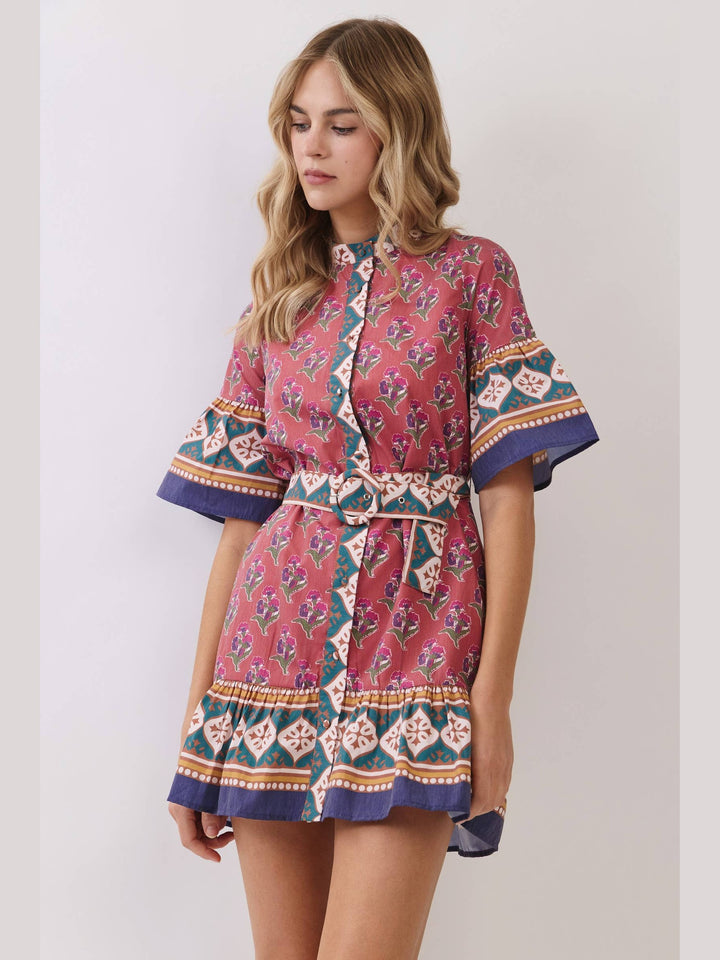 Printed Belted Mini Dress with Contrast Border