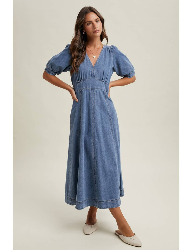 Denim Puff Sleeve Midi Dress