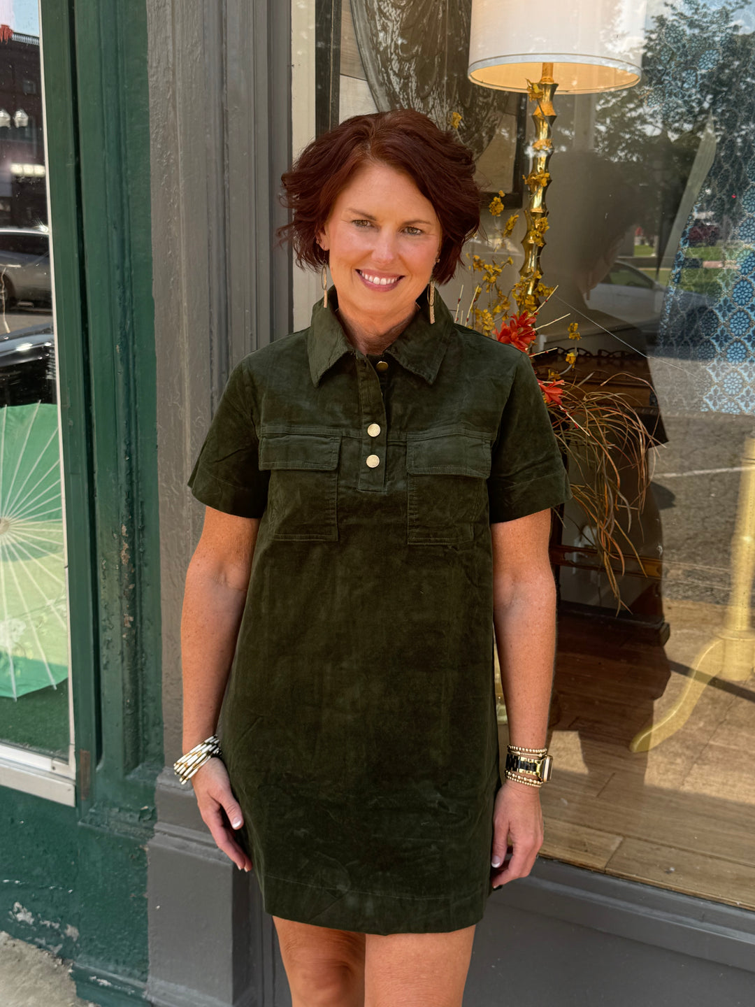 Dark Olive Corduroy Button Down Mini Dress