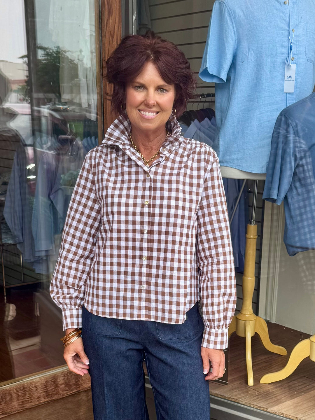 Brown Gingham Check Ruffled Collared Shirt