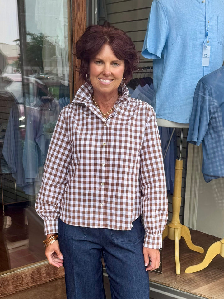 Brown Gingham Check Ruffled Collared Shirt