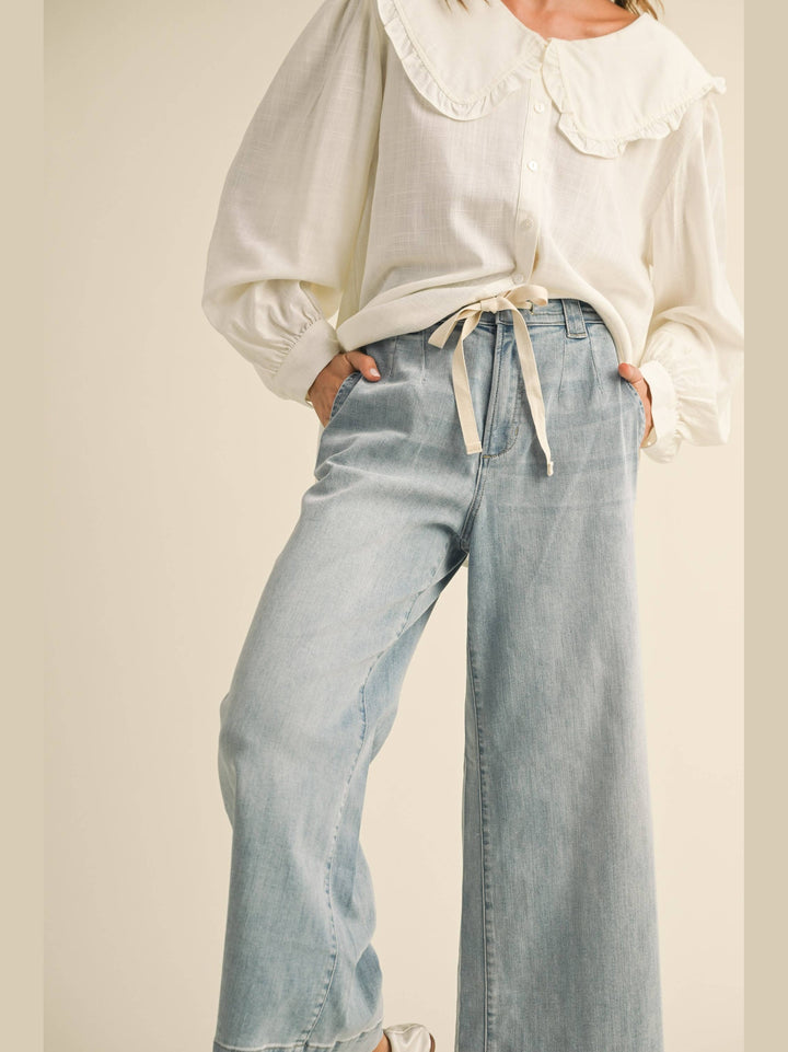 Washed Denim Tie Front Pants