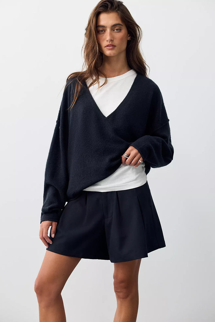 Free People See Me V-Neck Knit Pullover - Black
