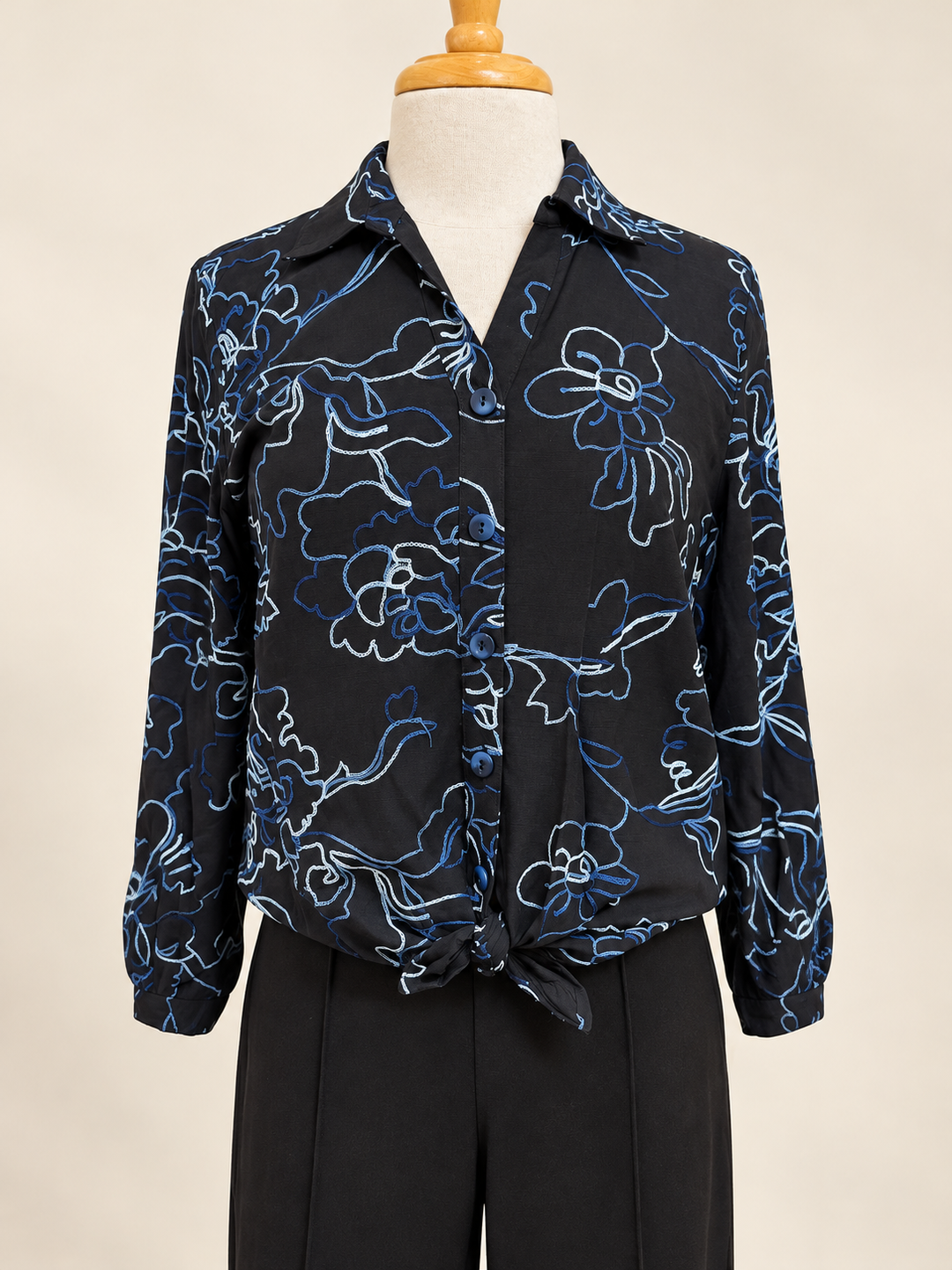 Multiples Black & Indigo Tie Waist Button Front Shirt