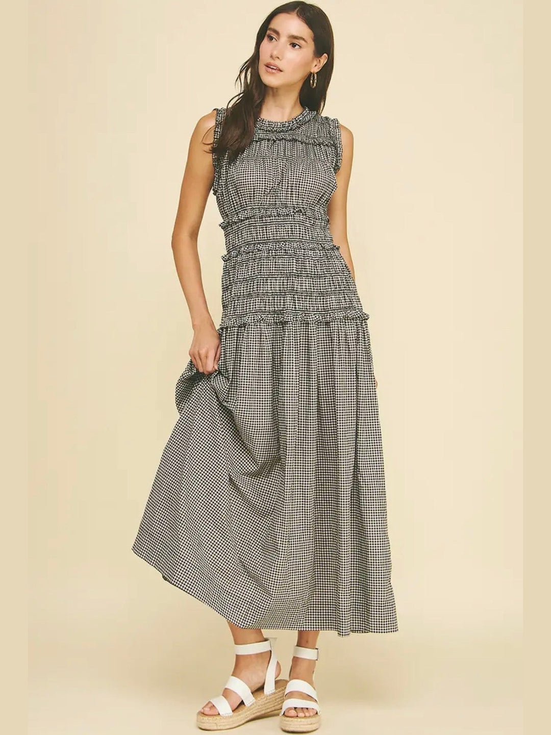Black Gingham Shirring Detailed Maxi Dress