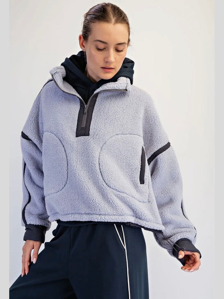 Sherpa Mock Neck Quarter Zip Jacket - Lavender Blue