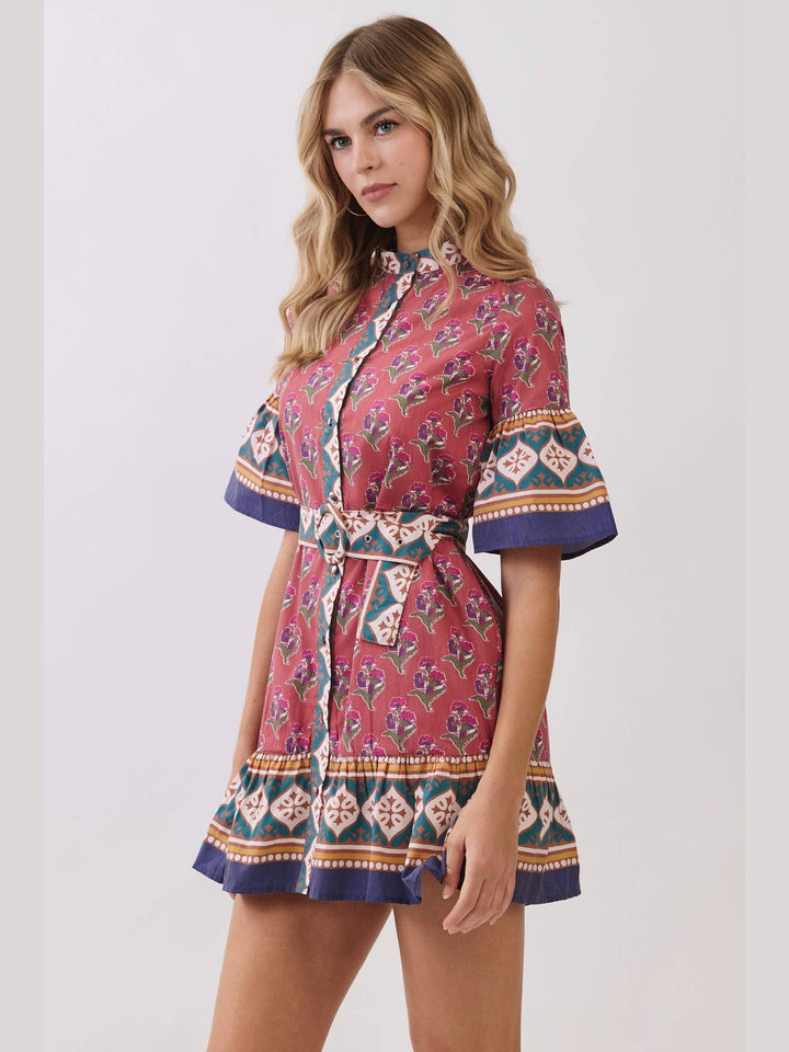 Printed Belted Mini Dress with Contrast Border