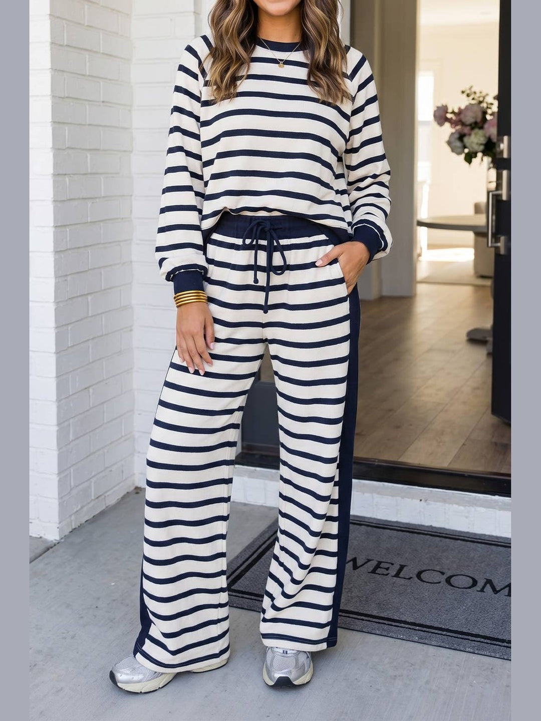 Striped Colorblock Drawstring Pants Set