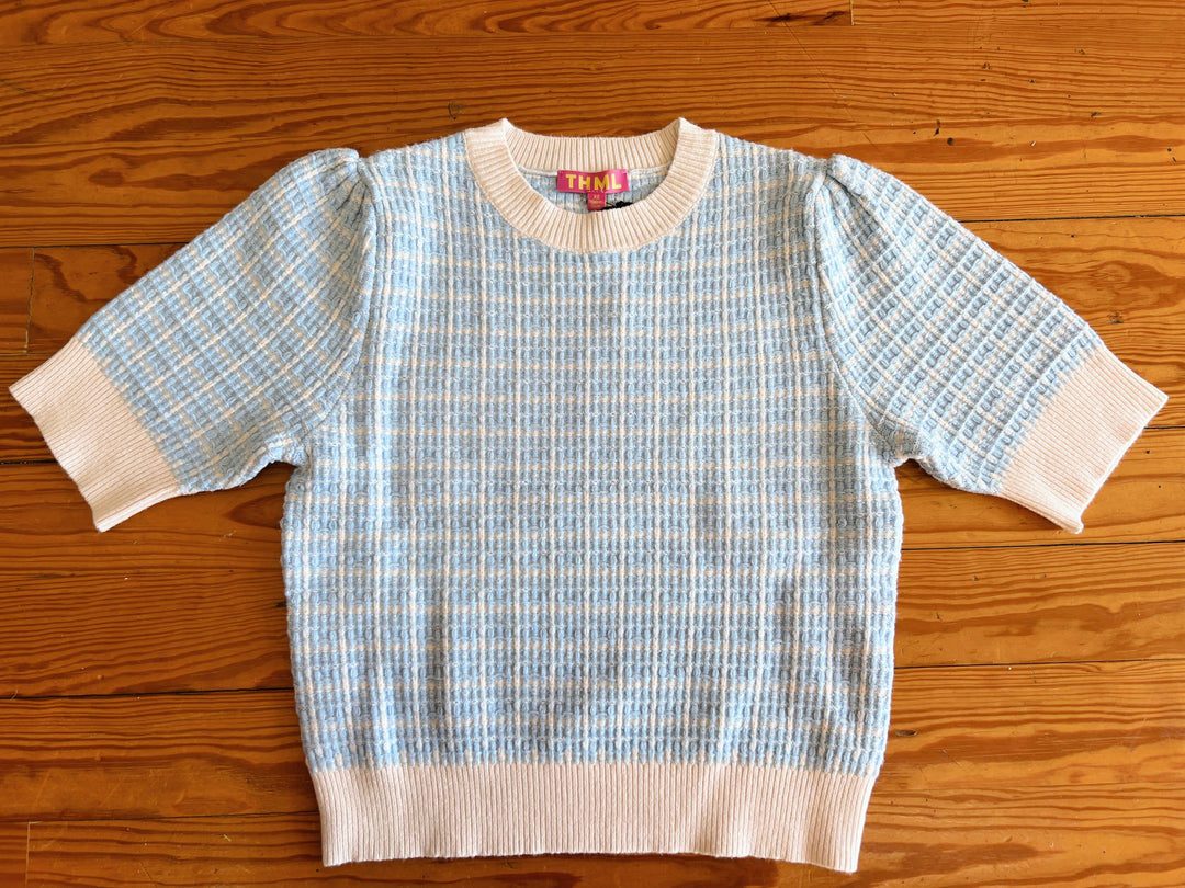 THML Puff Sleeve Short Sleeve Knit Top- Sky Blue