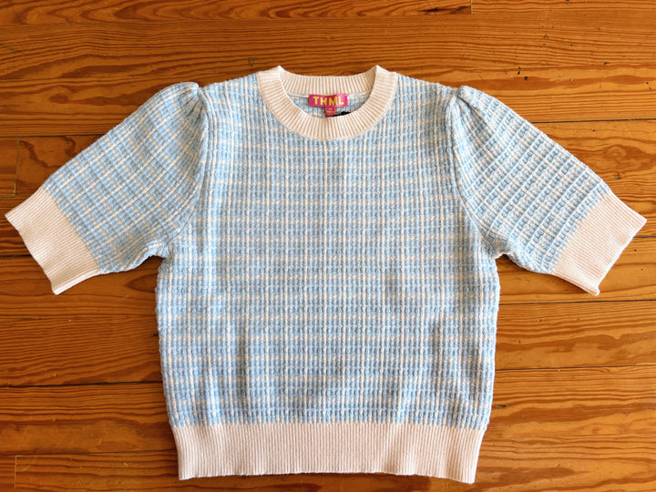 THML Puff Sleeve Short Sleeve Knit Top- Sky Blue