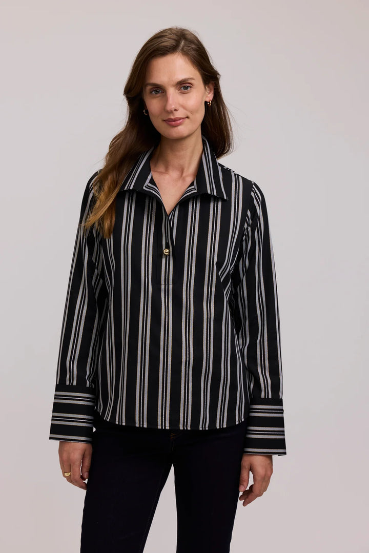 Foxcroft Catalina Shimmer Stripe Long Sleeve Popover Shirt - Holiday Shimmer