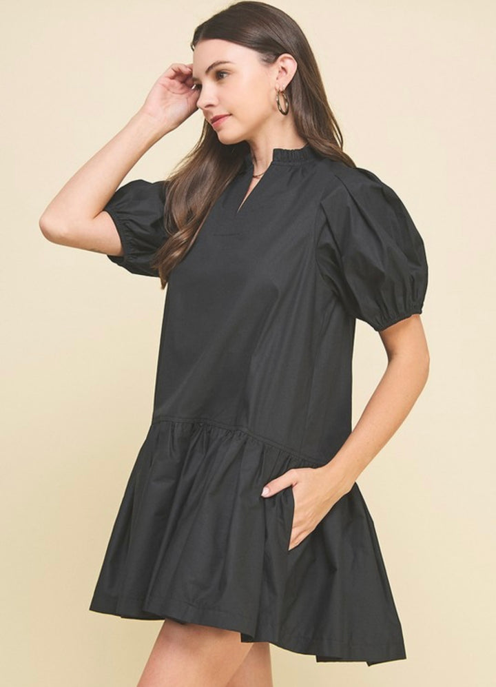 Solid Tiered Mini Dress- Black