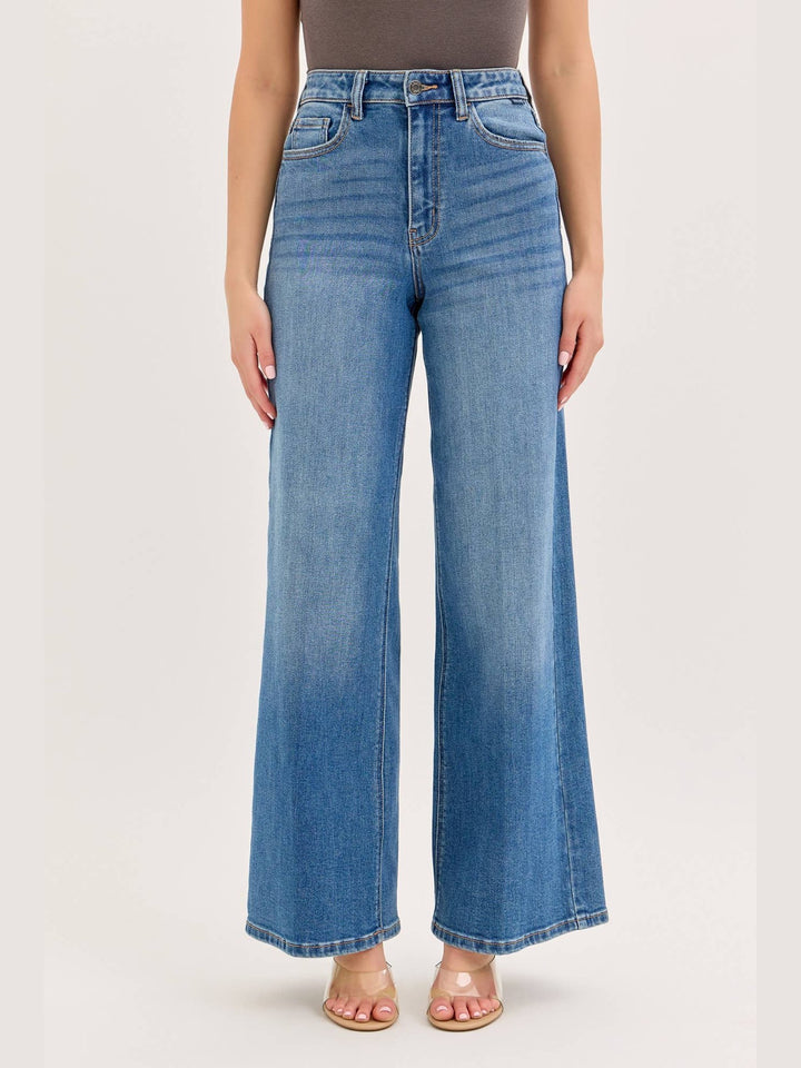 Stretch High Rise Wide Leg Jeans- Medium Denim