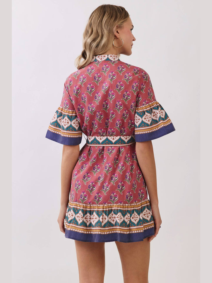 Printed Belted Mini Dress with Contrast Border