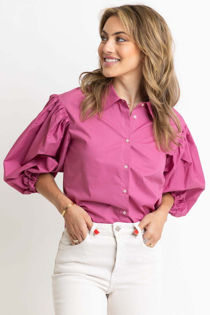 Karlie Raspberry Poplin Button Up Top