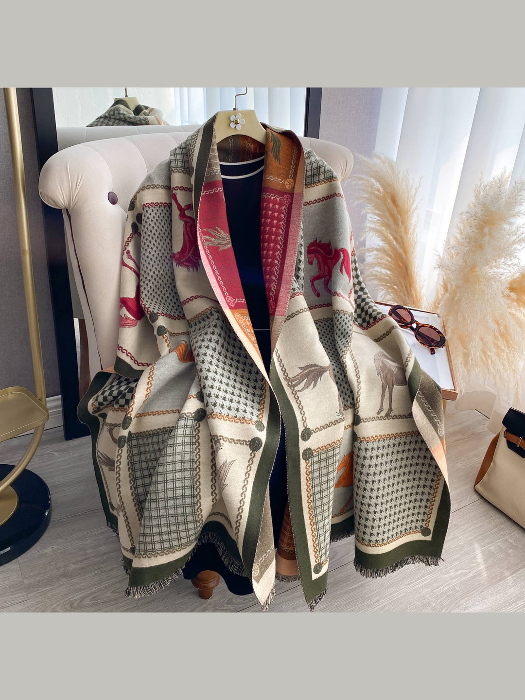 Designer-Inspired Green / Orange Reversible Cashmere-Feel Wrap