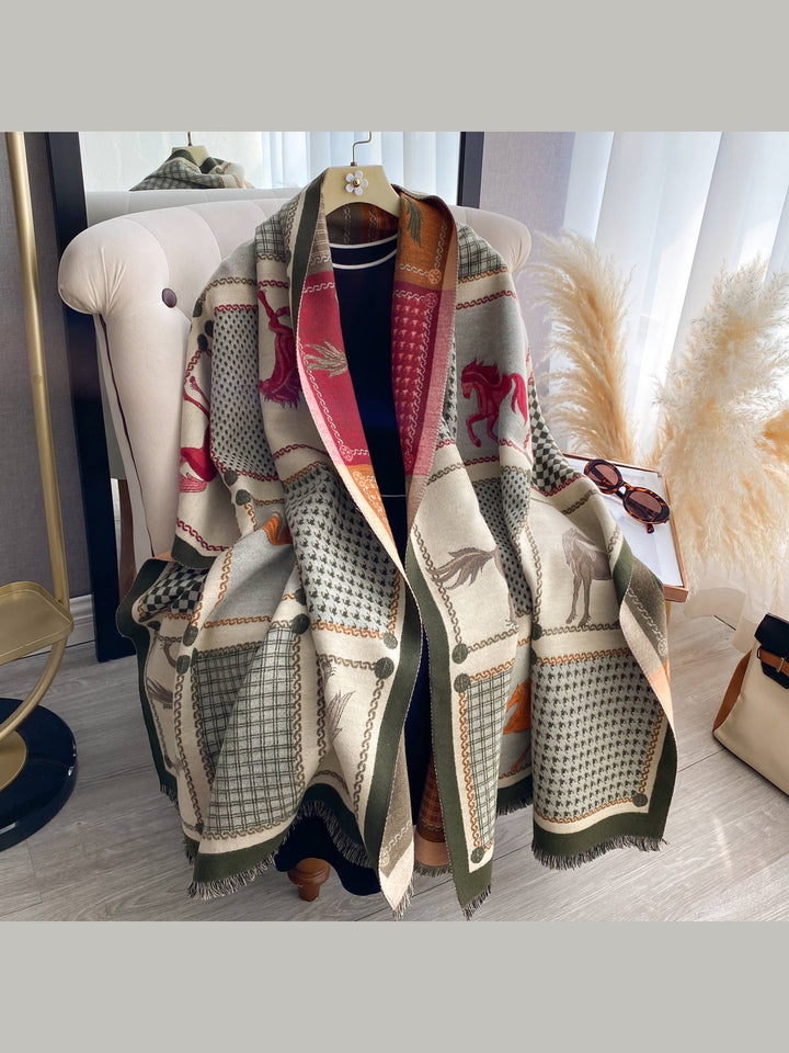 Designer-Inspired Green / Orange Reversible Cashmere-Feel Wrap