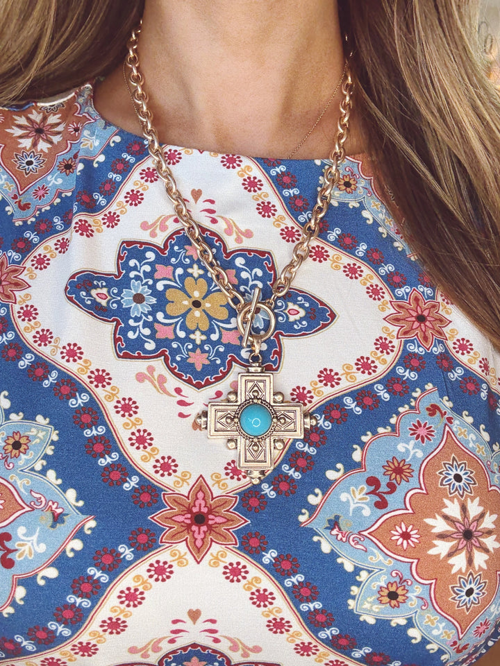 Opal Turquoise Cross Pendant Necklace