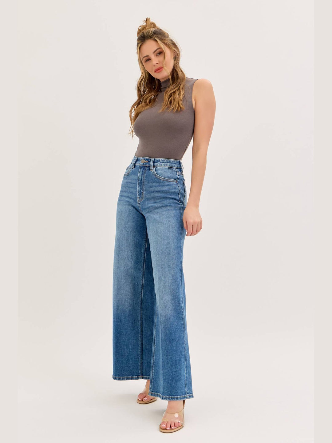 Stretch High Rise Wide Leg Jeans- Medium Denim