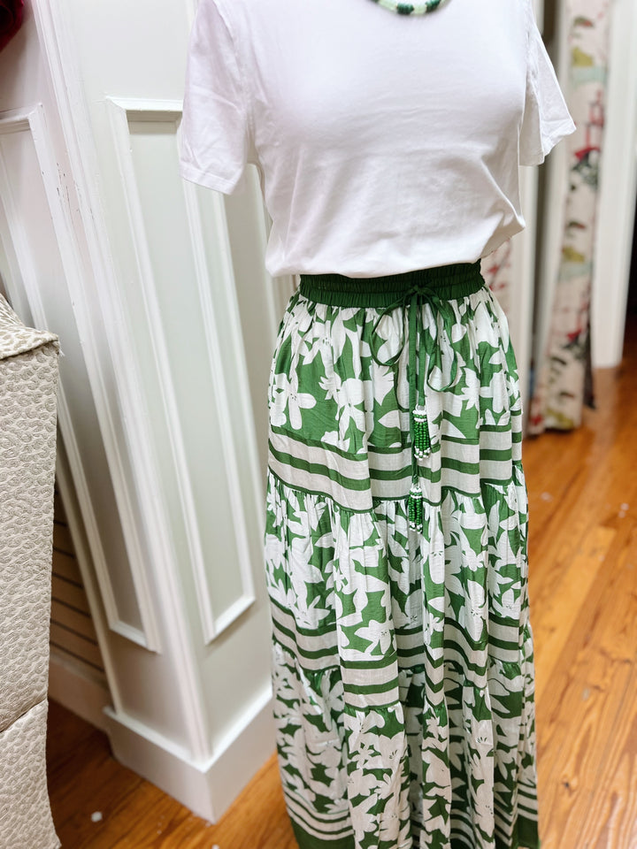 Floral Print Tiered Maxi Skirt- Green
