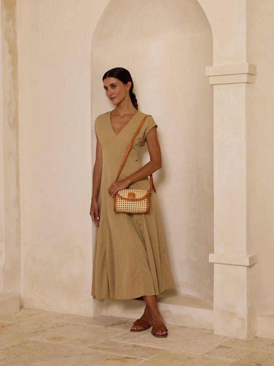 Brown Rattan Clutch with Leather Trim and Crossbody Strap
