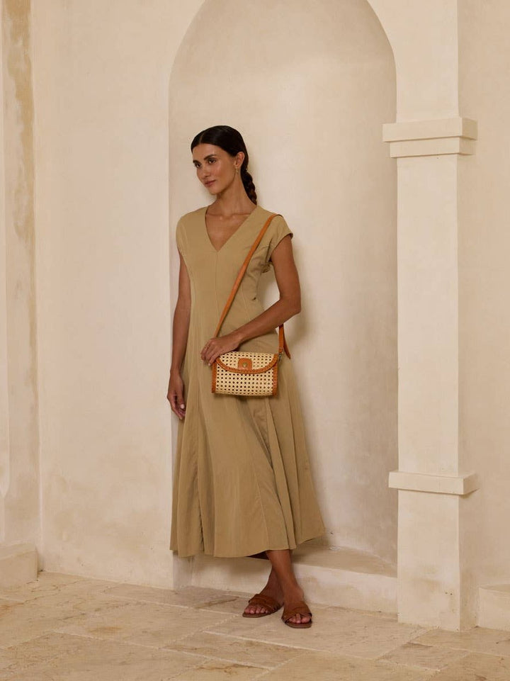 Brown Rattan Clutch with Leather Trim and Crossbody Strap