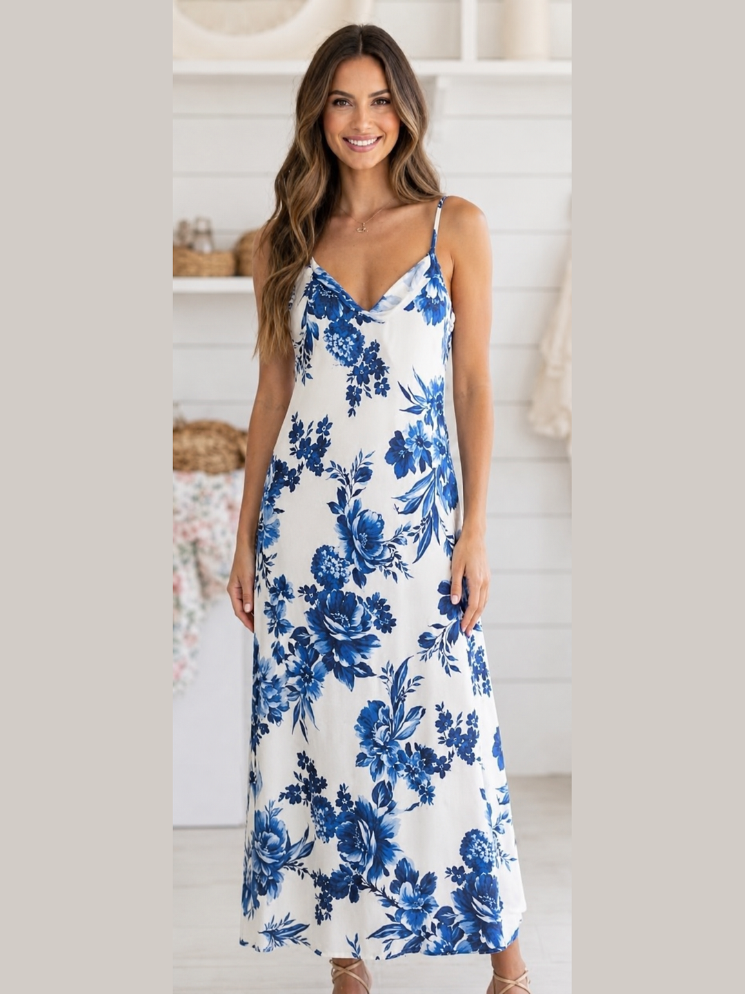 Floral Print V-Neck Linen Dress