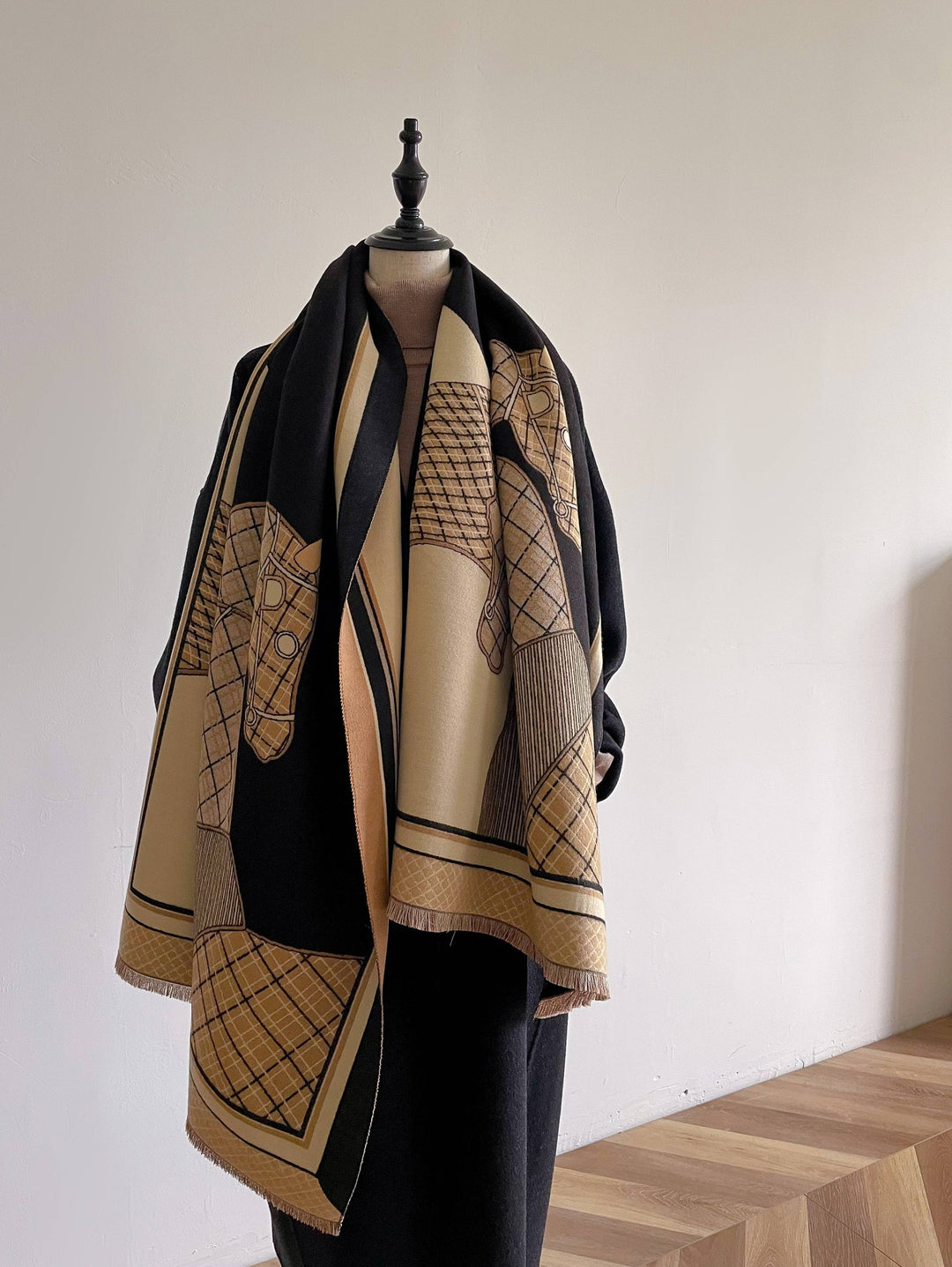 Equestrian Tan / Black Equus Plaid Cashmere-Feel Reversible Wrap