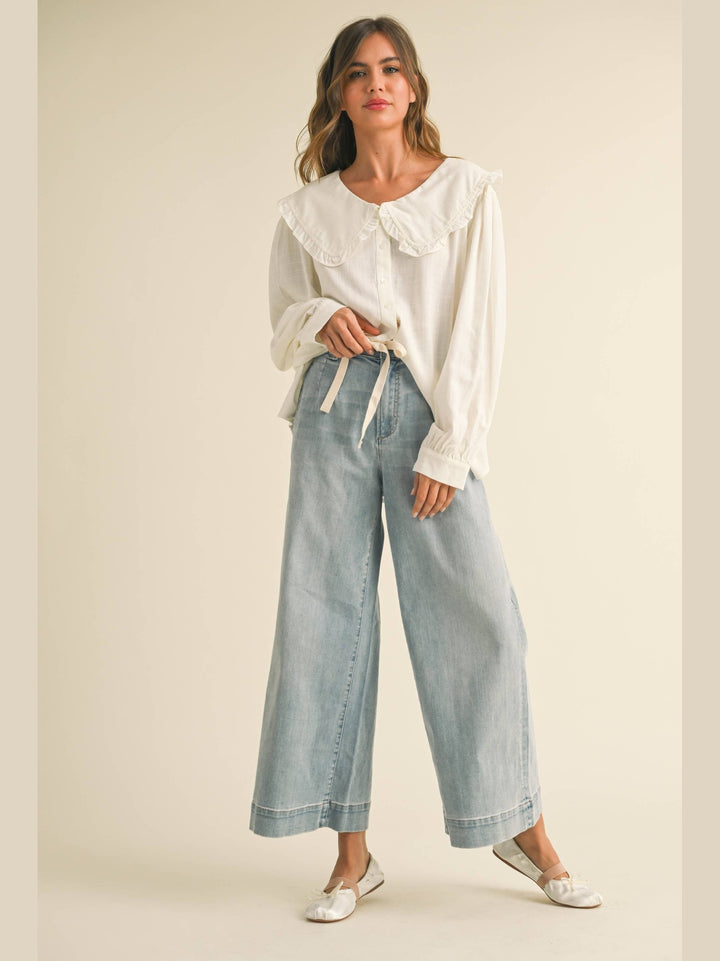 Washed Denim Tie Front Pants