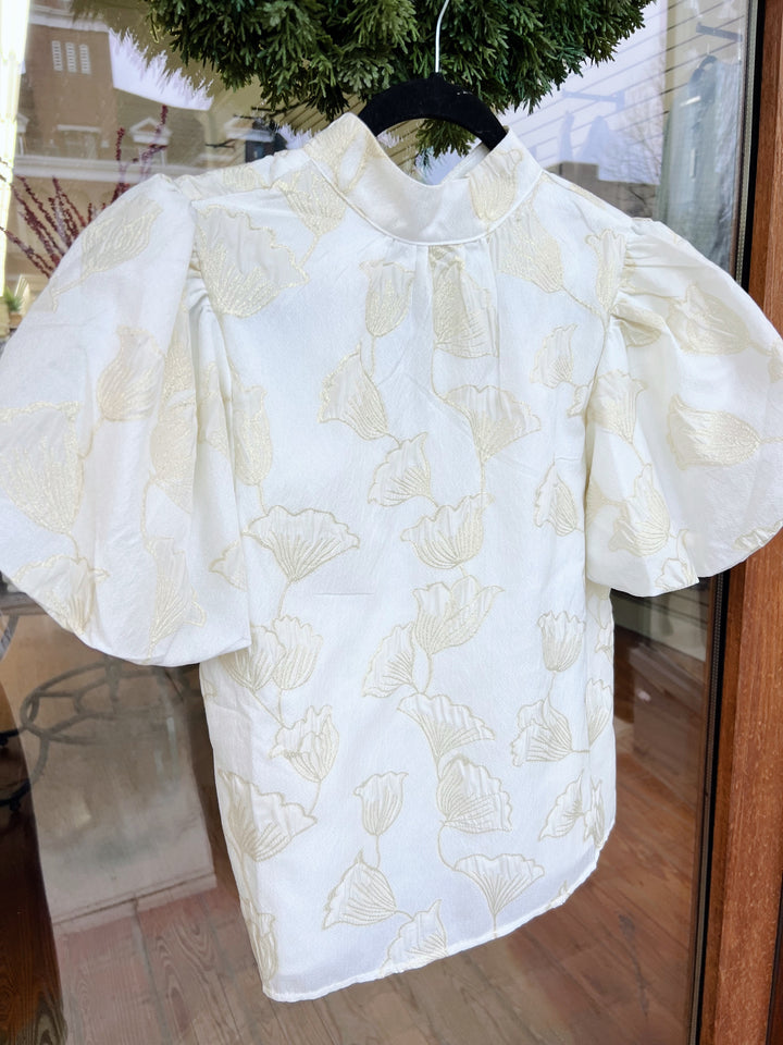 THML Metallic Flower Puff Sleeve Top