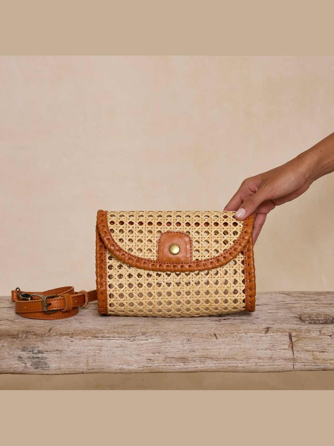 Brown Rattan Clutch with Leather Trim and Crossbody Strap
