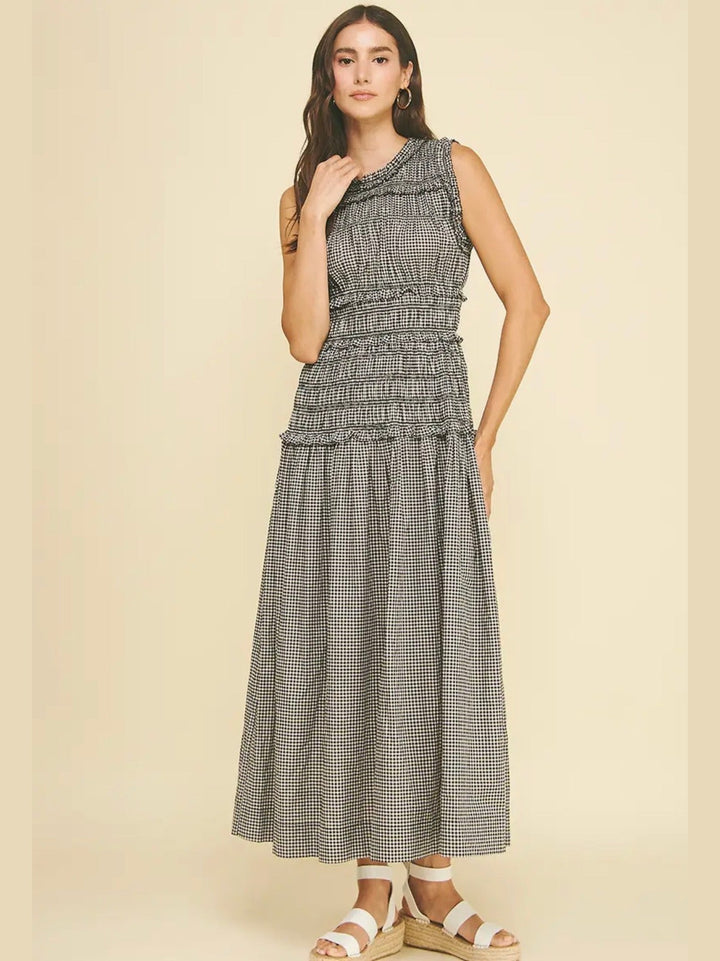 Black Gingham Shirring Detailed Maxi Dress