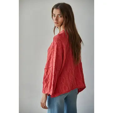 Knit Cable Sweater Cotton 3/4 Sleeve Pullover