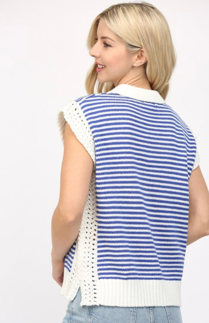 Royal Blue Striped Knit Collared Sweater Vest