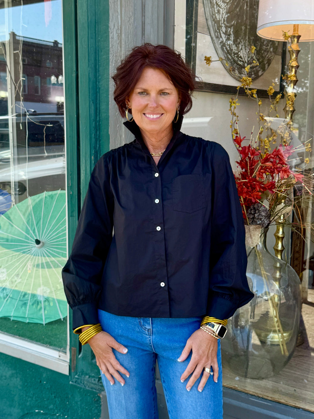 Ruffled High-Neck Button Down Shirt