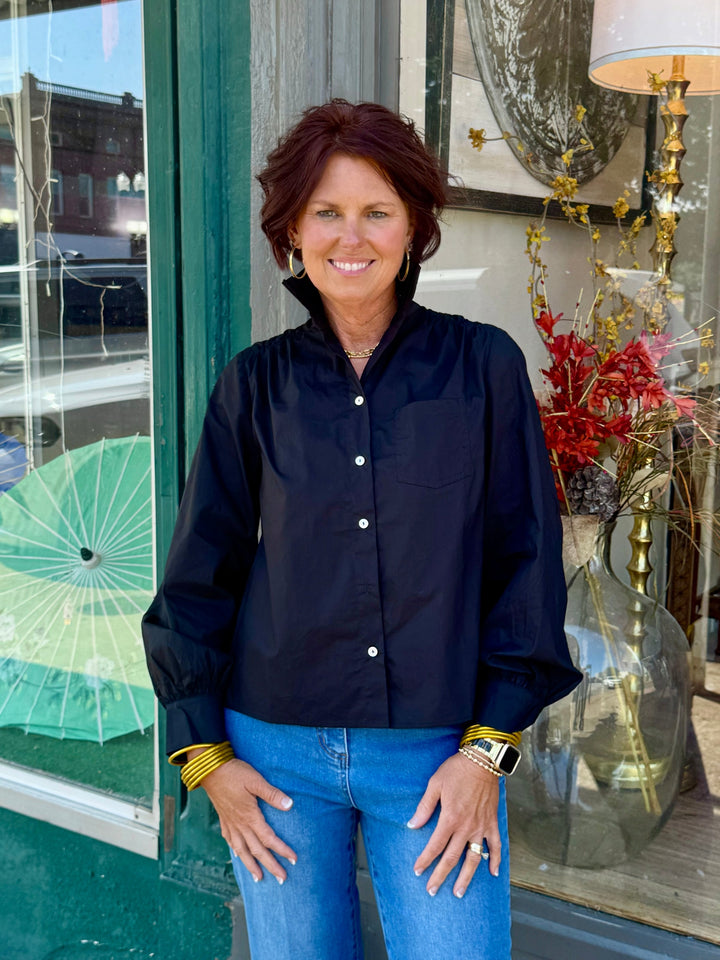 Ruffled High-Neck Button Down Shirt
