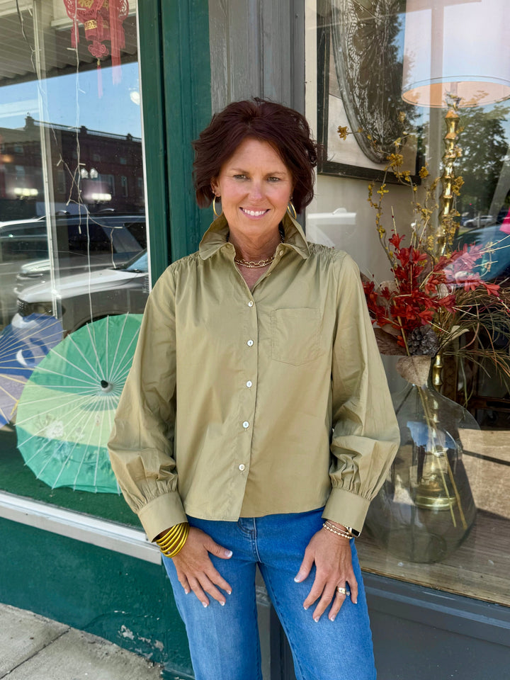 Ruffled High-Neck Button Down Shirt