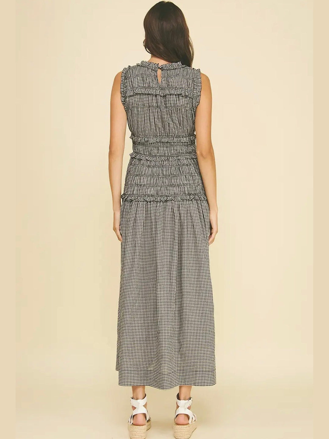 Black Gingham Shirring Detailed Maxi Dress