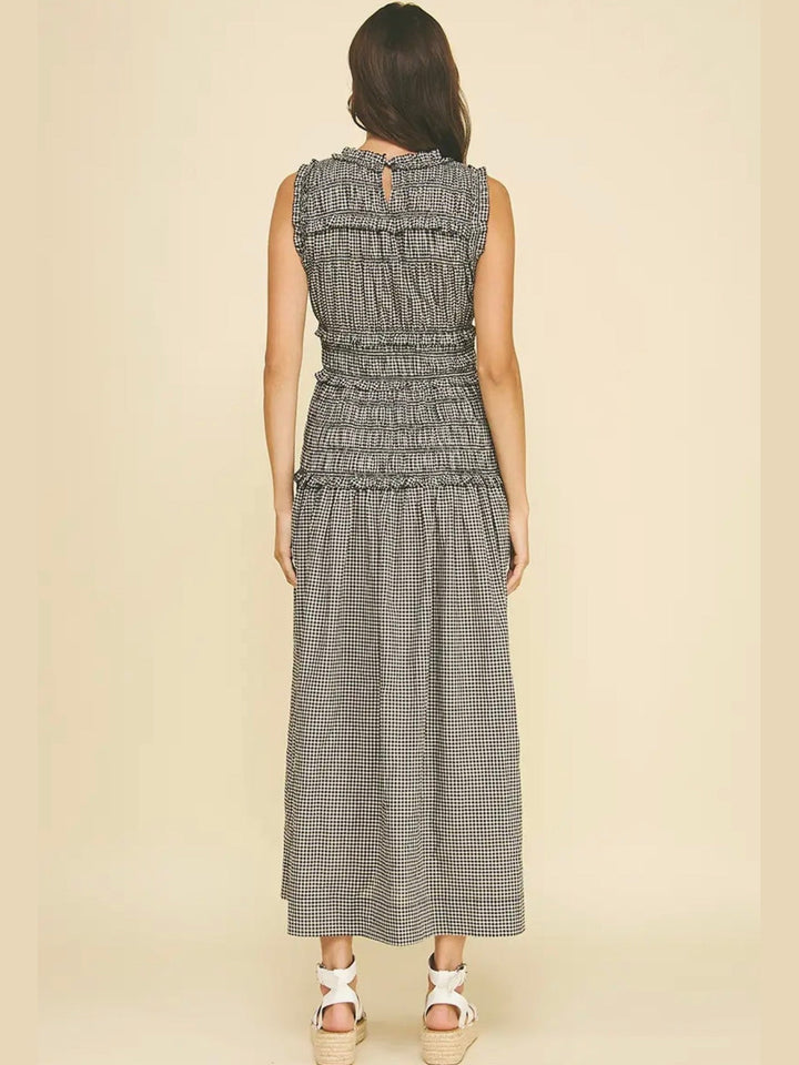 Black Gingham Shirring Detailed Maxi Dress