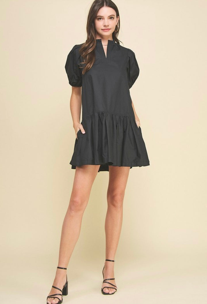 Solid Tiered Mini Dress- Black