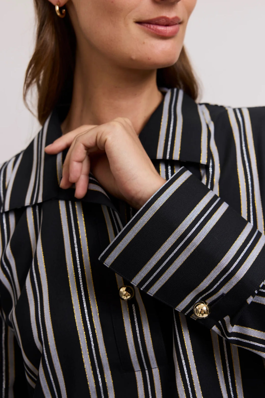 Foxcroft Catalina Shimmer Stripe Long Sleeve Popover Shirt - Holiday Shimmer