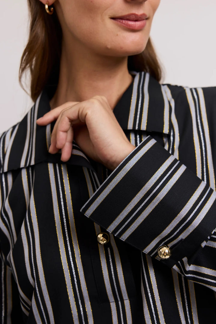 Foxcroft Catalina Shimmer Stripe Long Sleeve Popover Shirt - Holiday Shimmer