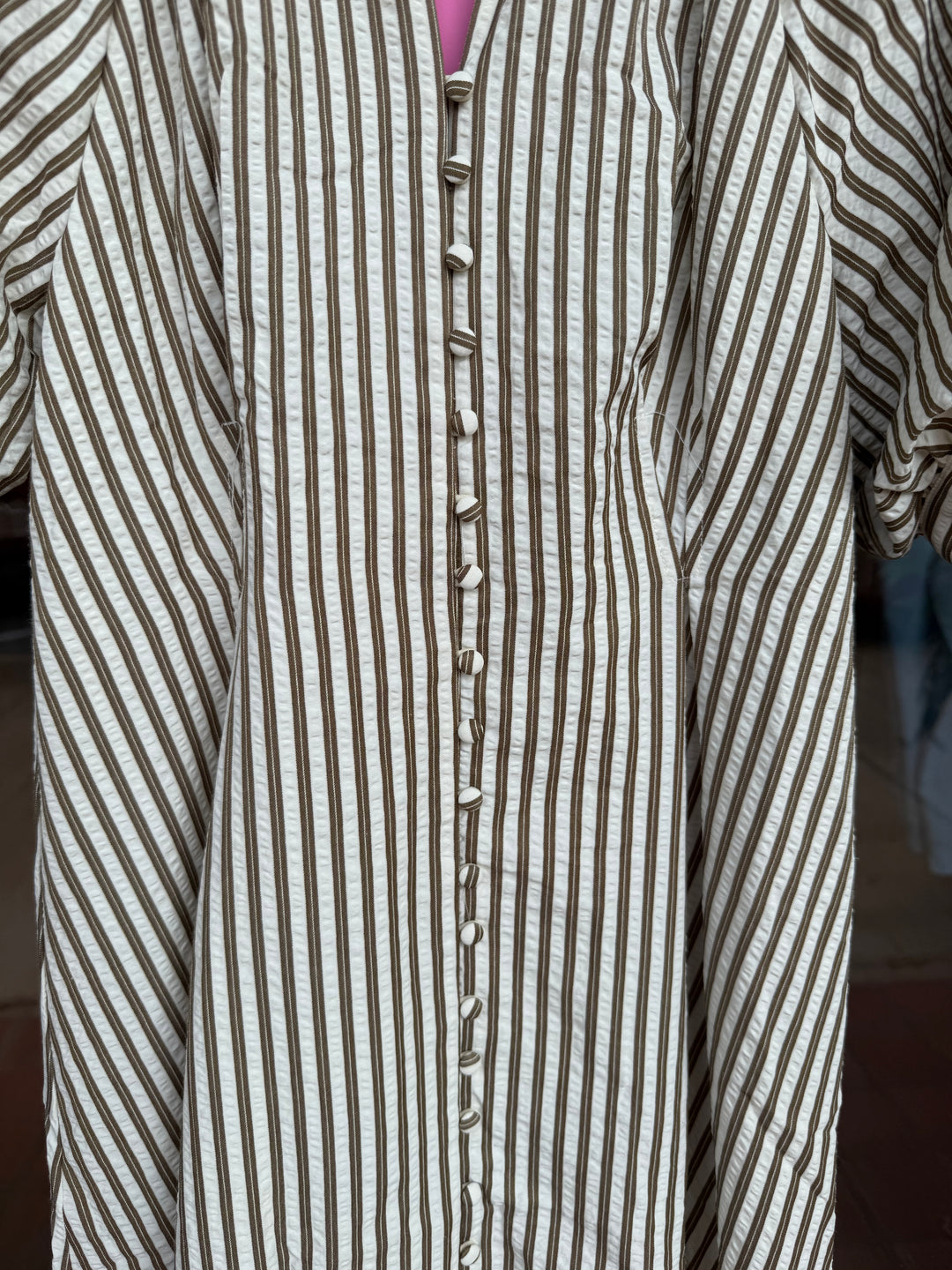 THML Puff Sleeve Striped Texture Maxi Dress- Cocoa