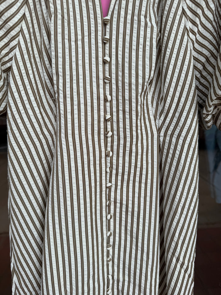 THML Puff Sleeve Striped Texture Maxi Dress- Cocoa