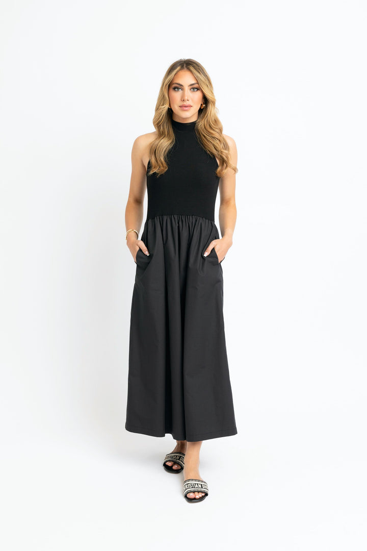 Karlie Solid Black Mock Neck Maxi Dress