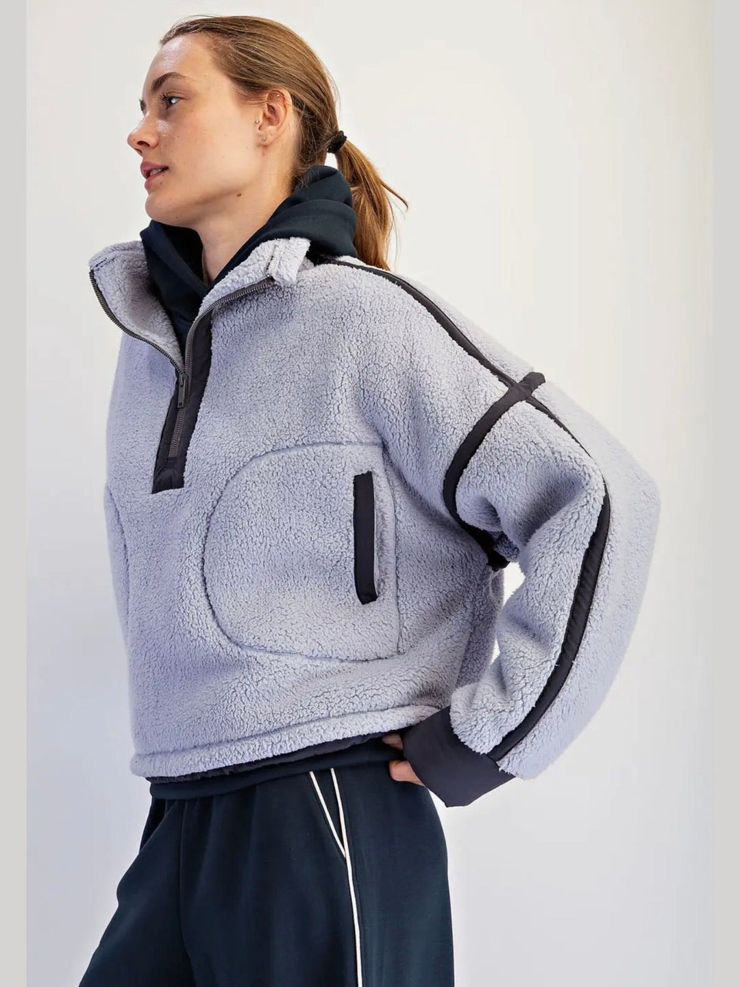 Sherpa Mock Neck Quarter Zip Jacket - Lavender Blue